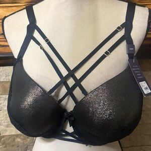 Cacique Black Glitter Padded Boost Plunge Strappy Bra NWT 44DD